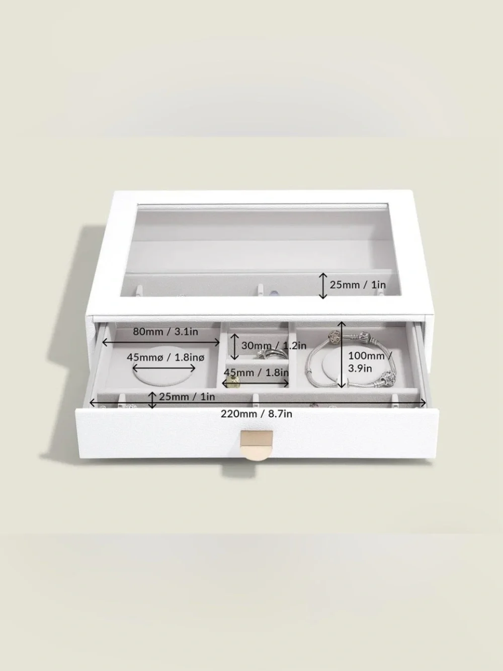 Stackers Classic Bracelet Display Drawer - White Leather / Gray Velvet / Glass
